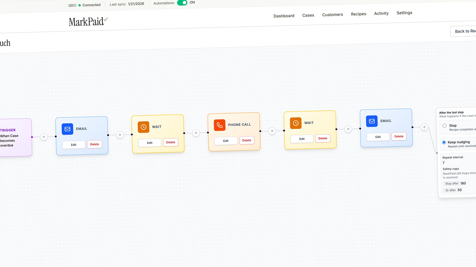 MarkPaid workflow builder showing a follow-up sequence